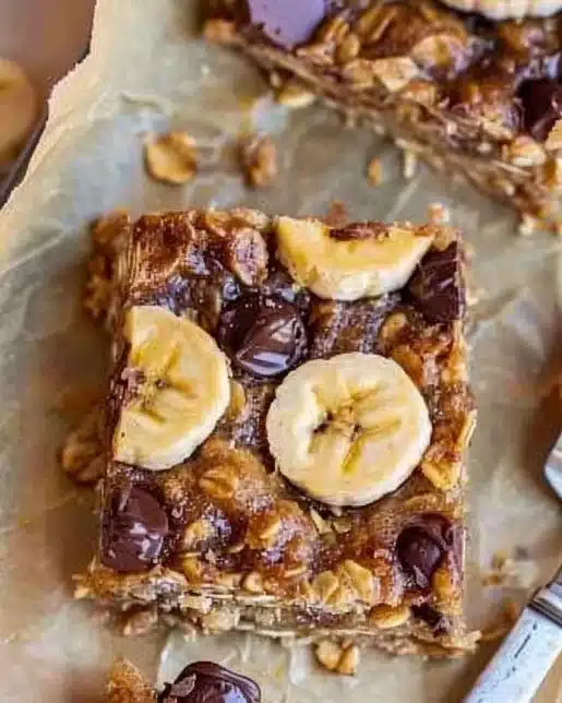 Homemade banana oatmeal bars with nuts and chocolate chips
