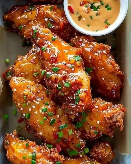 Plate of delicious Bang Bang Chicken garnished with herbs and served with sauce.