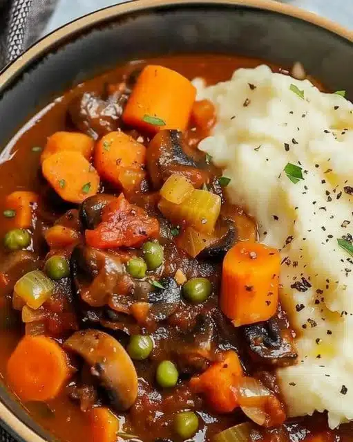 A bowl of delicious vegetarian stew filled with colorful vegetables and spices