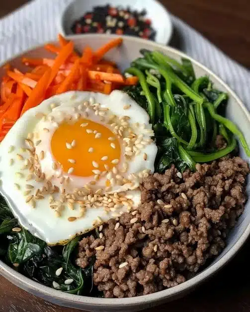 A vibrant bowl of bibimbap topped with ground beef and assorted vegetables.