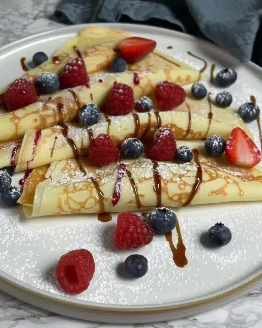 Delicious Blender Crepes with Nutella and fresh fruits served on a plate