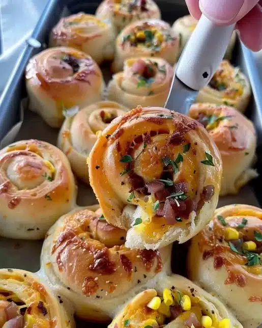 Freshly baked breakfast rolls on a wooden table ready to be served.
