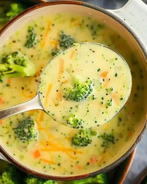 Bowl of creamy broccoli cheddar soup with fresh broccoli florets and cheese