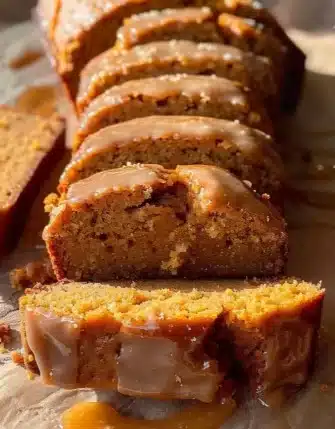 Slice of brown butter pumpkin bread with salted maple glaze on a plate
