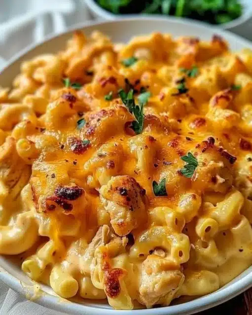 Creamy Buffalo Chicken Mac and Cheese topped with crispy bread crumbs