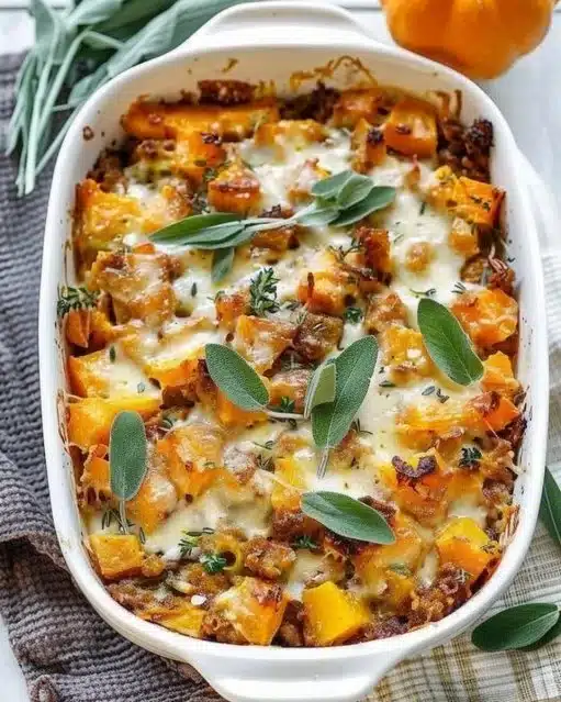 Butternut squash casserole topped with herbs and breadcrumbs
