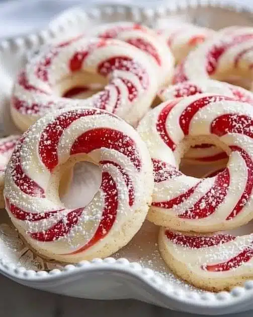 Freshly baked Candy Cane Cookies decorated with red and white stripes.
