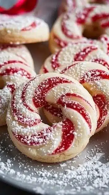 Delicious homemade Candy Cane Cookies decorated with minty candy canes.
