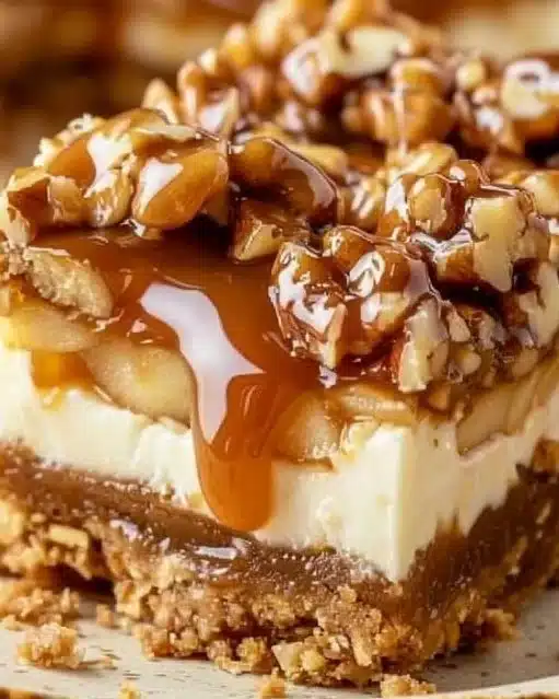 Caramel apple cheesecake bars topped with drizzled caramel and apple slices