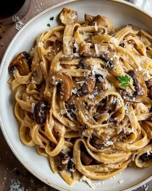 Delicious caramelized leek and mushroom Gruyere pasta dish served in a bowl.