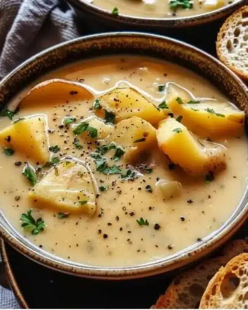 Bowl of Cheddar Garlic Herb Potato Soup topped with fresh herbs