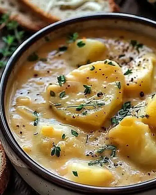 Bowl of creamy cheddar garlic herb potato soup garnished with herbs
