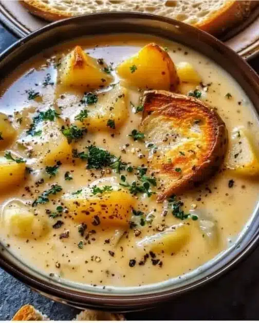 Bowl of Cheddar Garlic Herb Potato Soup garnished with herbs and cheese