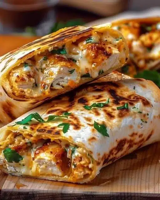 Delicious Cheesy Chicken Wrap filled with tender chicken and gooey cheese
