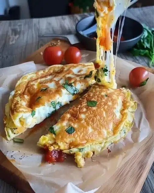 A delicious cheesy omelette garnished with herbs, served on a plate.