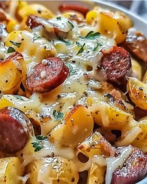 Cheesy Ranch Potatoes with Smoked Sausage on a plate