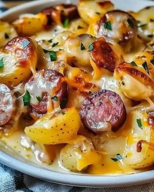 Cheesy ranch potatoes with smoked sausage in a casserole dish