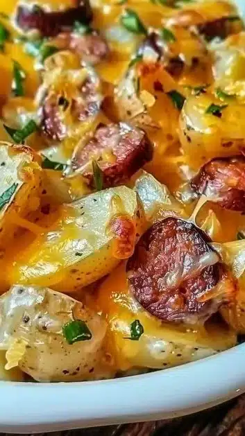 Cheesy ranch potatoes mixed with smoked sausage in a baking dish