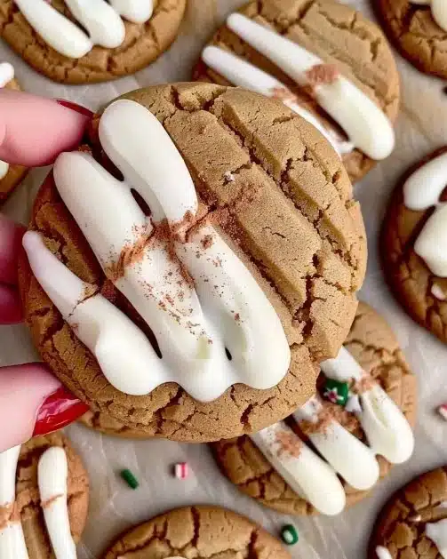 Chewy maple cinnamon cookies stacked on a plate, showcasing delicious ingredients.