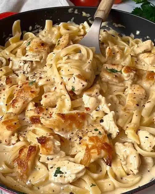 Delicious Chicken Garlic Parmesan Pasta topped with fresh parsley and cheese