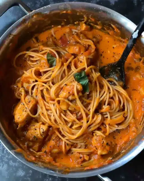 One Pot Chicken Spaghetti dish ready to serve, featuring chicken and pasta.