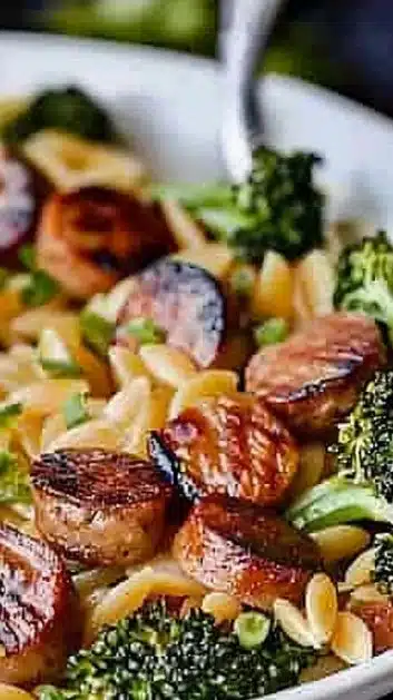 Chicken Sausage and Broccoli Orzo dish with vibrant vegetables and pasta