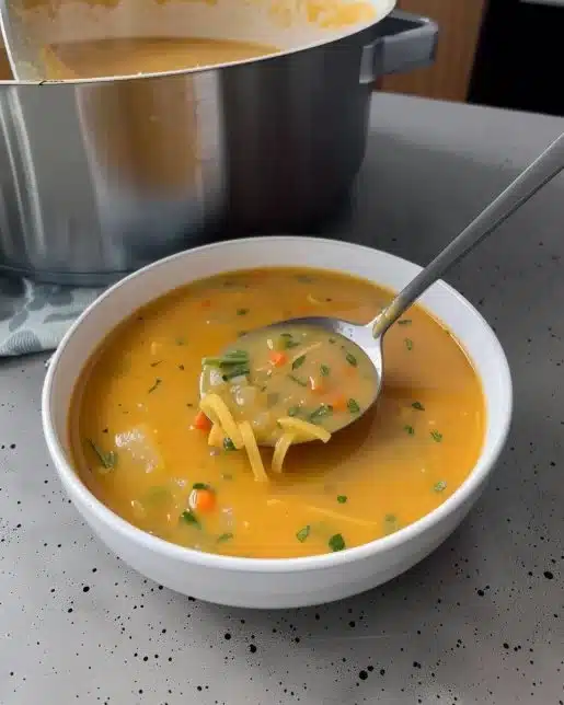 Bowl of chicken soup with fresh vegetables, perfect for comfort food.