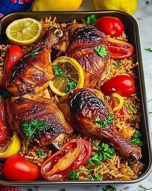 A bowl of hearty chicken stew with vegetables and herbs in a rustic setting