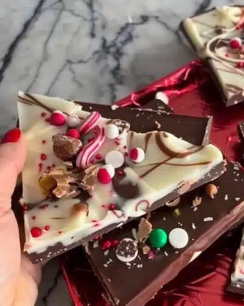 Delicious homemade Chocolate Christmas Bark decorated with festive toppings
