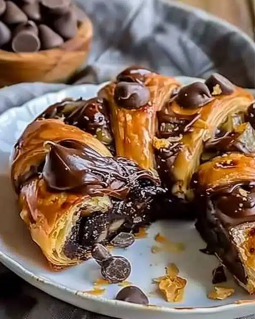Delicious chocolate croissant breakfast bake ready to serve, featuring melted chocolate and flaky pastry.