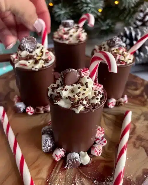 Delicious chocolate hot cups topped with whipped cream and cocoa powder