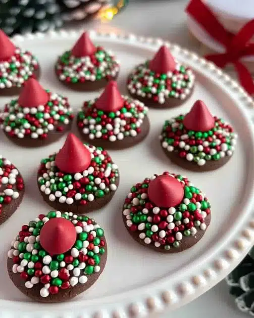 A variety of colorful Christmas cookies arranged on a festive platter.