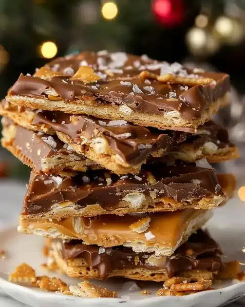 Delicious Christmas Crack dessert with chocolate and nuts on a festive plate.