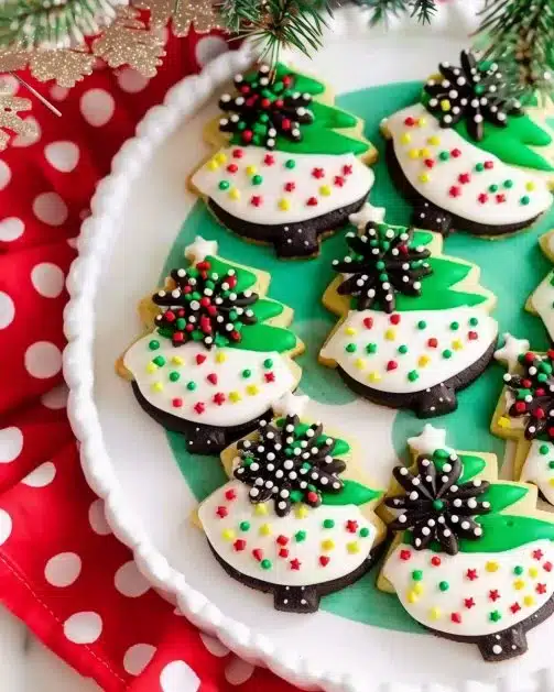 Decorated Christmas Tree Cookies with colorful icing and sprinkles