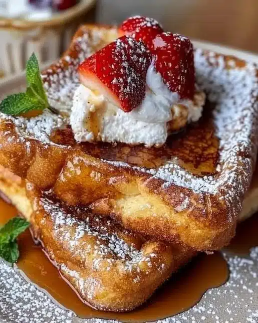Delicious Churro French Toast topped with cinnamon sugar and whipped cream