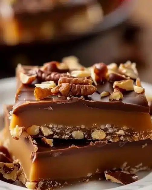 Homemade classic Christmas toffee with almonds and chocolate.