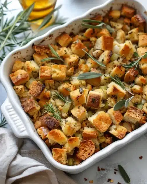 Classic traditional Thanksgiving stuffing recipe with herbs and bread