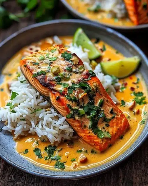 Delicious coconut curry salmon with garlic butter served on a plate.