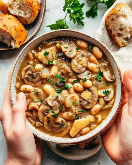 Cozy white bean and mushroom stew in a bowl, garnished with herbs.