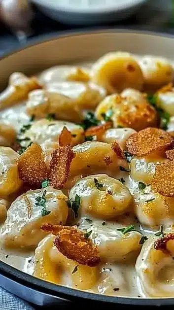 Creamy Crack Chicken Gnocchi topped with herbs and cheese
