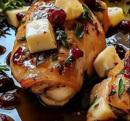 Cranberry Brie Stuffed Chicken garnished and served on a plate