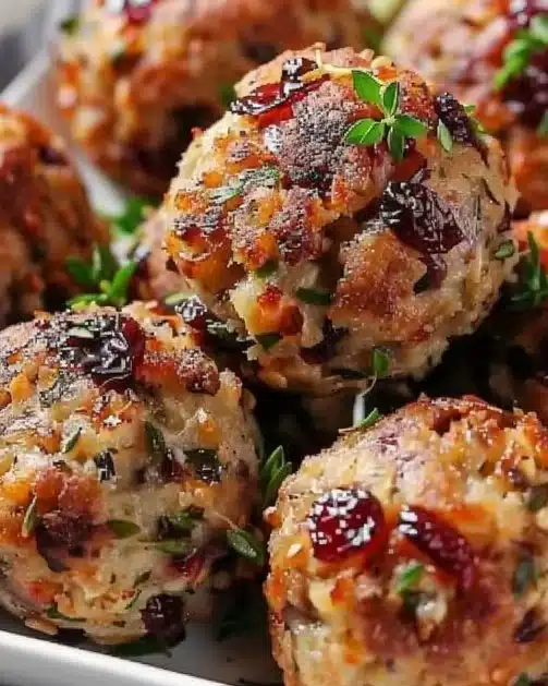 Cranberry turkey stuffing balls on a serving platter, ready for the feast.