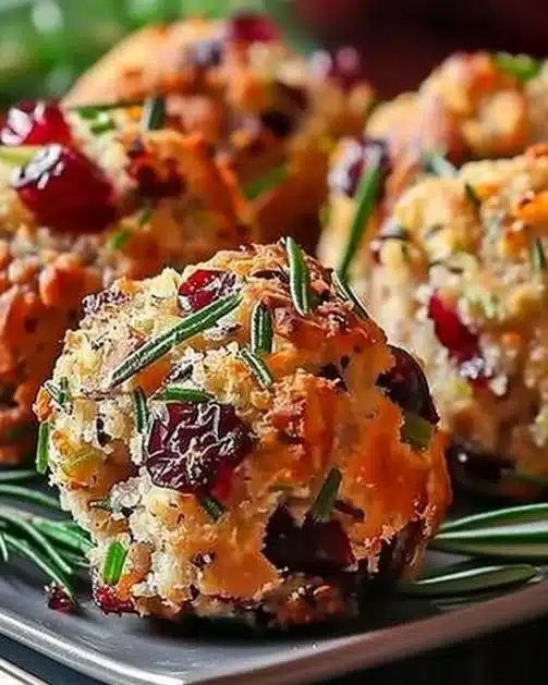 Cranberry and Turkey Stuffing Balls on a festive serving platter