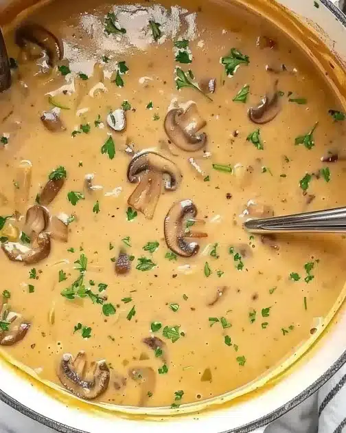 Bowl of creamy mushroom soup garnished with herbs and served with bread