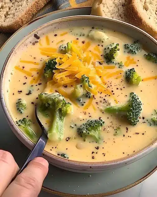 Bowl of creamy broccoli cheddar soup garnished with cheese and herbs
