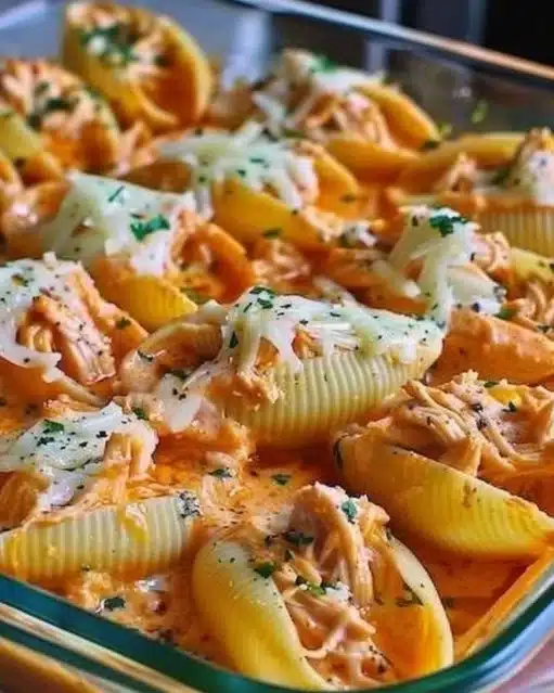 Creamy buffalo chicken stuffed shells topped with cheese and herbs