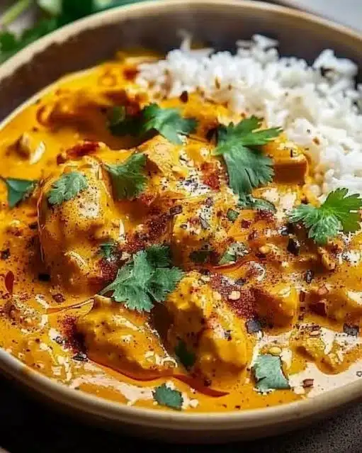 Delicious creamy butternut squash butter chicken served in a bowl