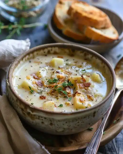 Creamy cheesy potato soup garnished with herbs in a bowl