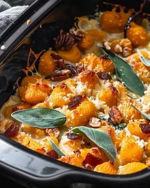 Creamy cheesy pumpkin gnocchi bake in a dish, garnished with herbs.