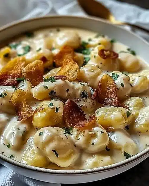 Creamy Crack Chicken Gnocchi dish served in a bowl with garnishes